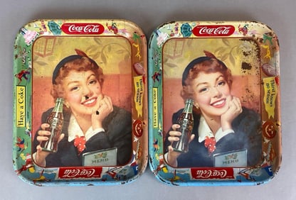 Group of 2 Vintage Coca-Cola Thirst Knows No Season Advertising Metal Drink Trays