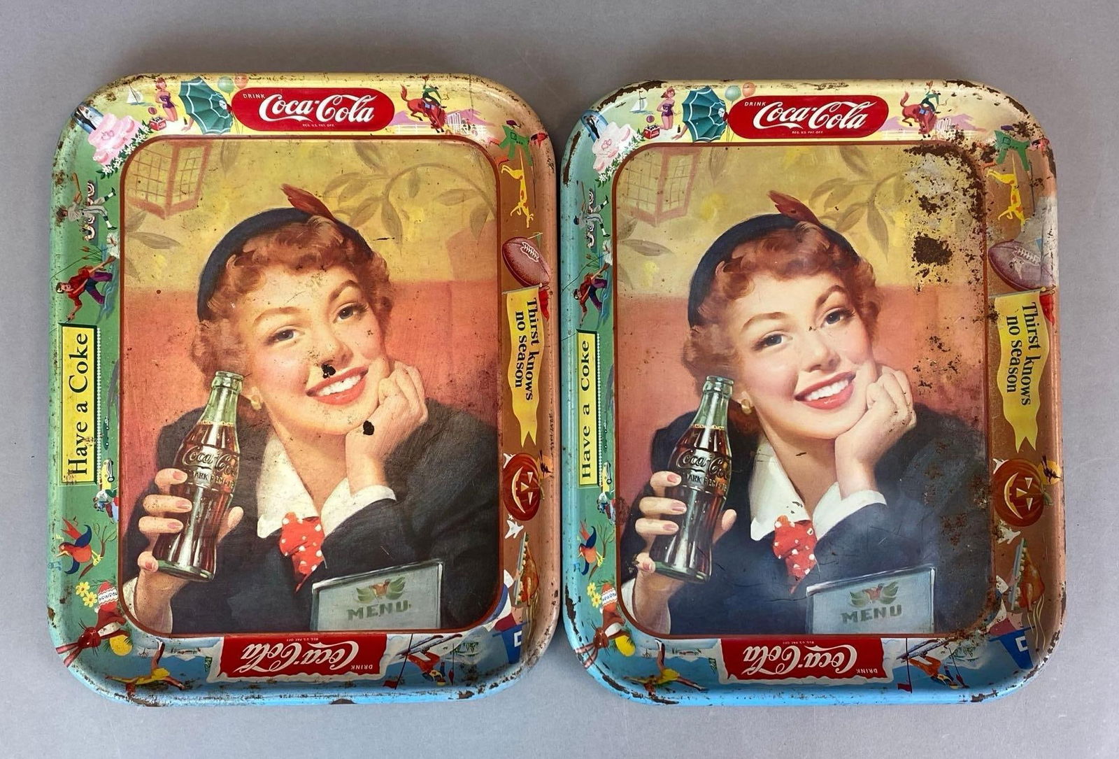 Group of 2 Vintage Coca-Cola Thirst Knows No Season Advertising Metal Drink Trays (1 of 2)