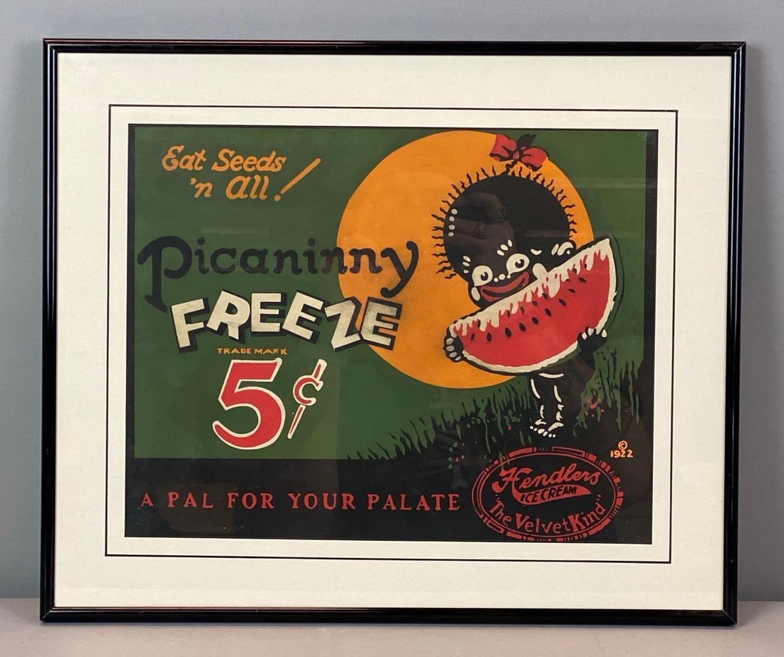 Hendlers Picaninny Freeze Ice Cream Black Americana Advertising Sign: frame measures 15” H x 18” W