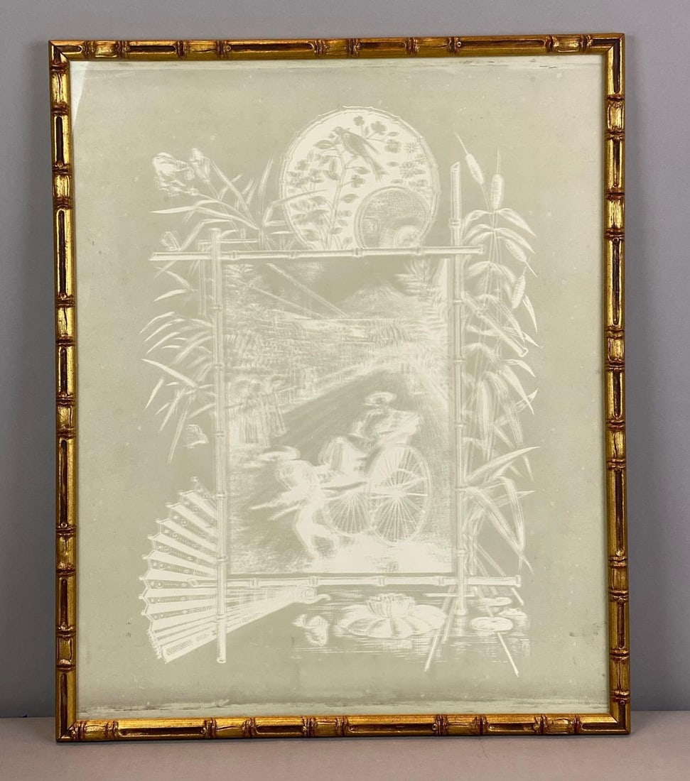 Chinoiserie Etched Glass Mirror: gilt bamboo frame, frame measures 24 1/2” H x 20 1/4” W
