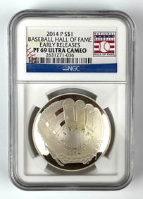 2014 P $1 Baseball Hall of Fame 1 oz Silver NGC Grades PF69 Ultra Cameo