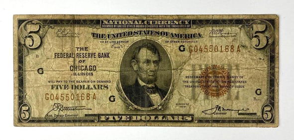 1929 Series $5 National Currency The Federal Reserve of Chicago, Illinois Brown Seal Note