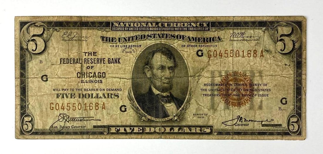 1929 Series $5 National Currency The Federal Reserve of Chicago, Illinois Brown Seal Note (1 of 2)