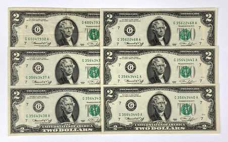 Group of 6 $2 1976 Series Green Seal Federal Reserve Notes