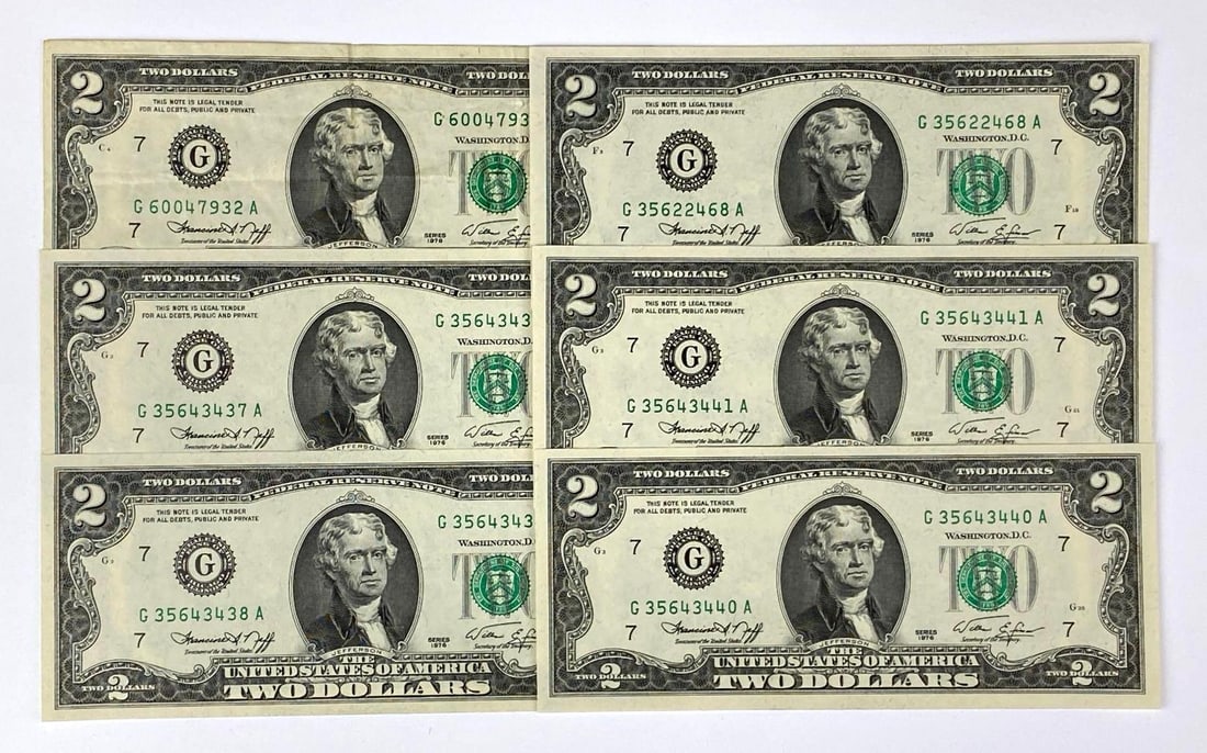 Group of 6 $2 1976 Series Green Seal Federal Reserve Notes (1 of 2)