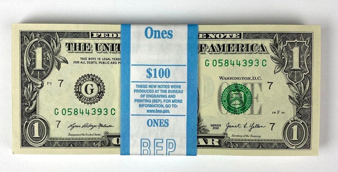 Group of 100 2021 US Mint $1 Consecutive Serial Numbered Bills (1 of 2)