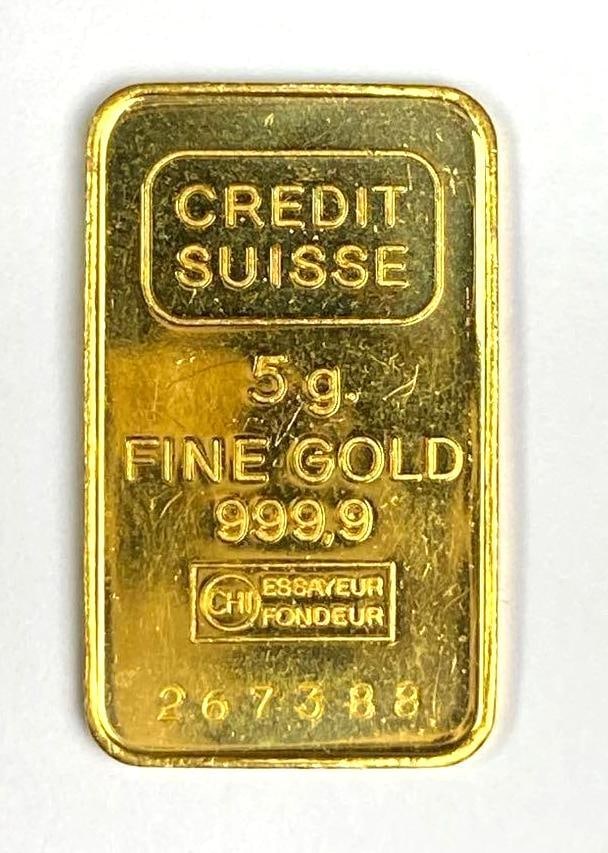 Credit Suisse 5 Gram .999 Fine Gold Ingot/ Bar: Credit Suisse 5 Gram .999 Fine Gold Ingot/ Bar