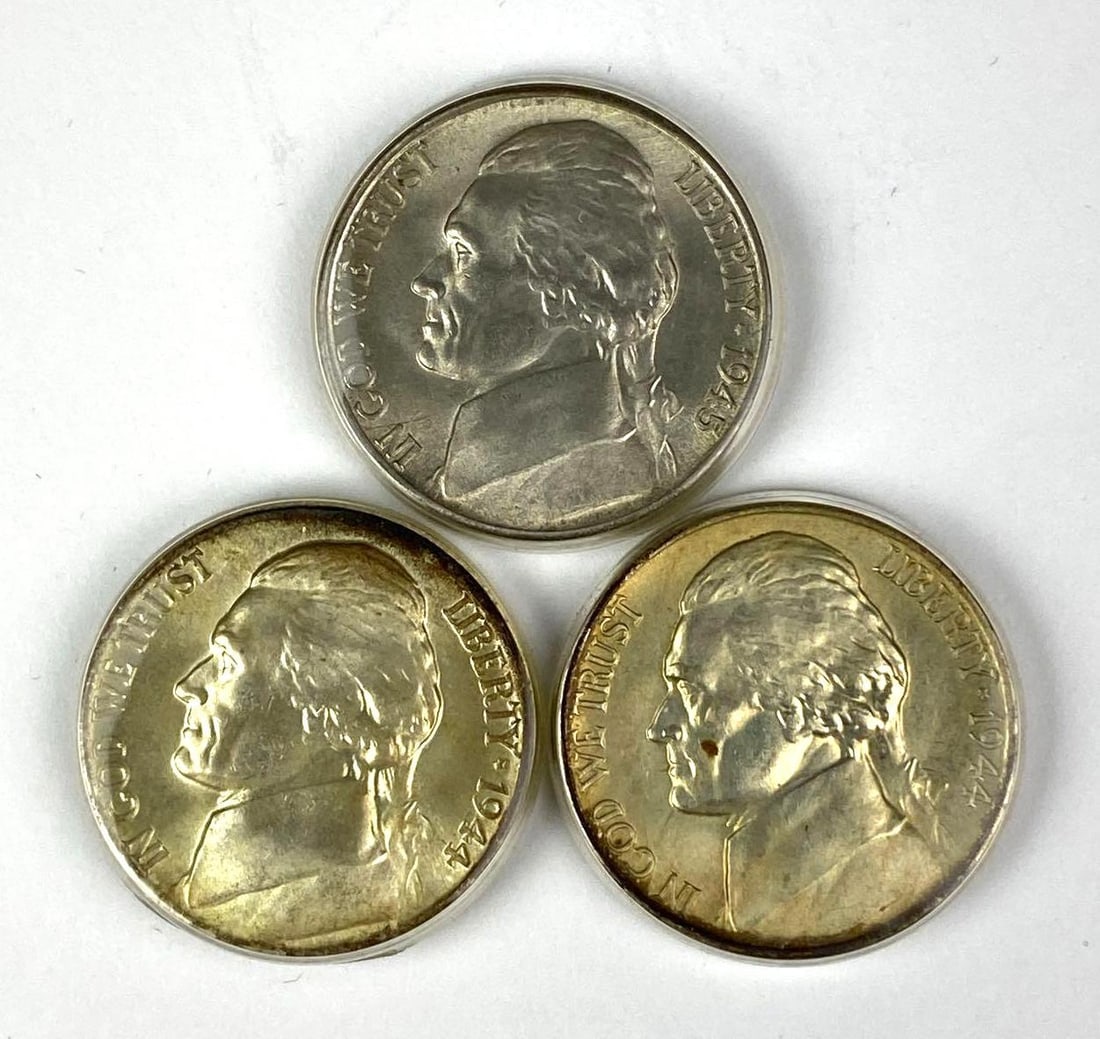 Group of 3 US Jefferson Silver Nickels: Includes years 1945 S, 1944 S and 1944 P.
