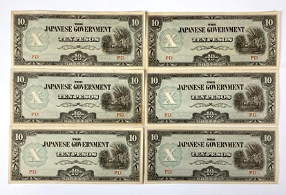 Group of 6 WW2 Japanese 10 Peso Invasion Money Notes