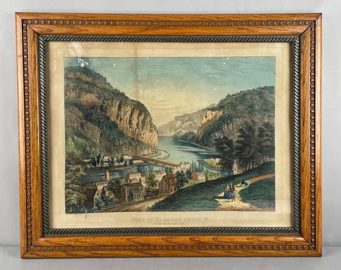 Antique Currier and Ives View of Harper's Ferry Lithograph: From the Potomac side, some water damage, litho measures 18" x 23 1/2", frame measures 23" x 28 1/2"