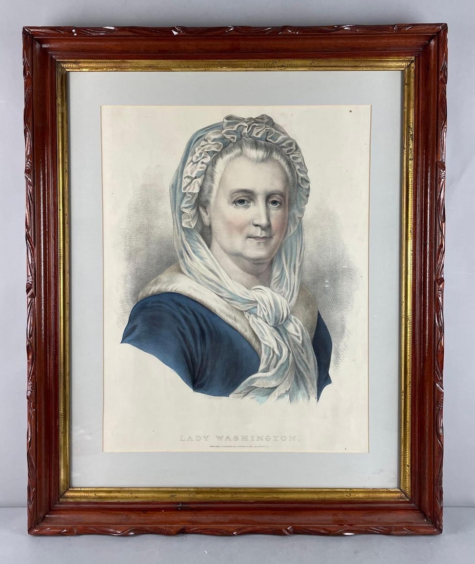 Antique Currier and Ives Lady Washington Lithograph: Litho measures 24 1/2" x 19", frame measures 34 1/2" x 28 1/2"