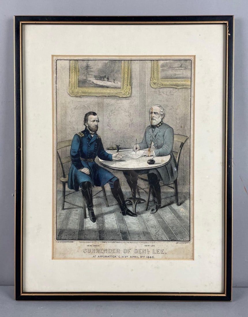 Antique Currier and Ives Surrender of General Lee Lithograph: Tear at top, litho measures 13" x 9", frame measures 18" x 14"
