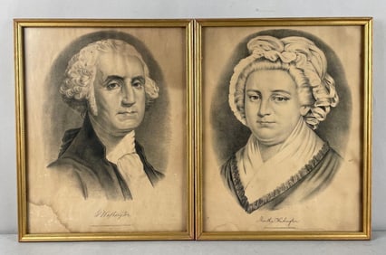 Set of 2 Antique Currier and Ives George and Martha Washington Portrait Lithographs