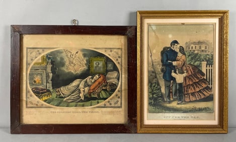 Group of 2 Antique Currier and Ives Soldiers Wife Lithographs