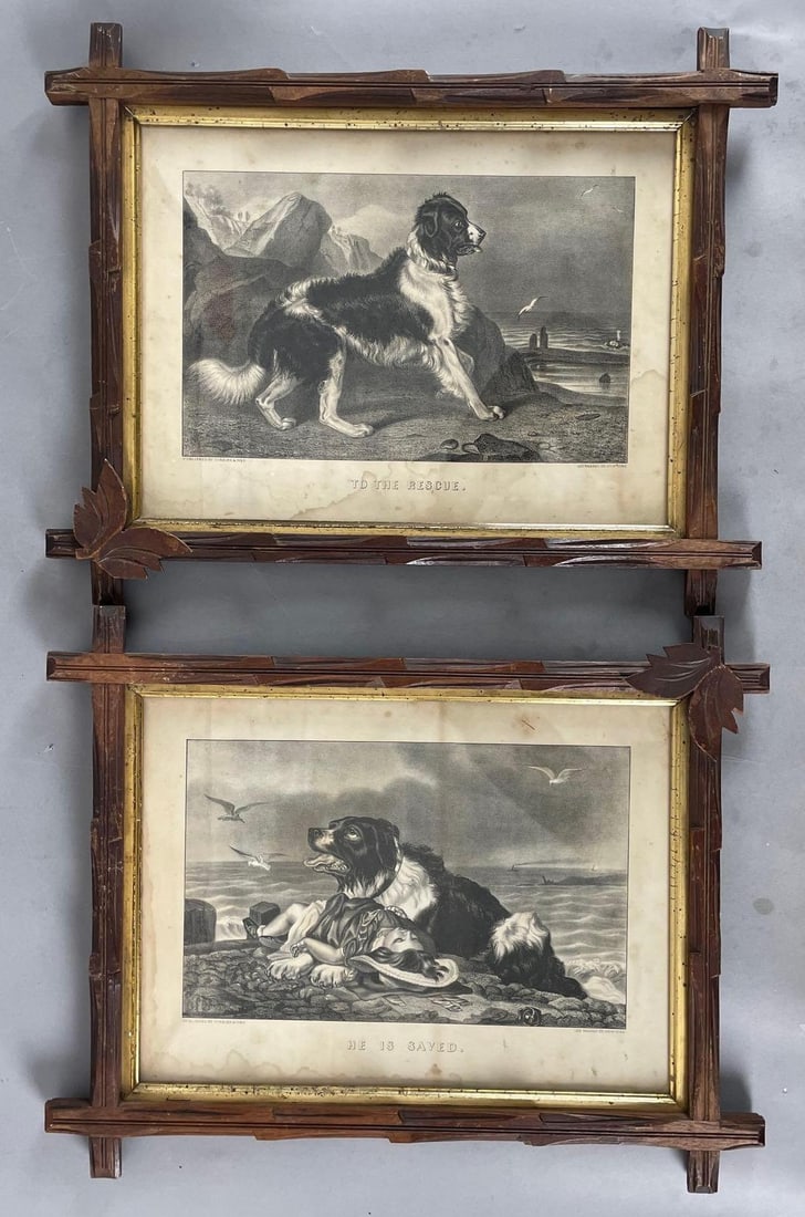 Group of 2 Antique Currier and Ives Newfoundland Dog Lithographs (1 of 2)