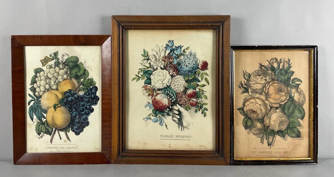 Group of 3 Antique Currier and Ives Floral Bouquet Lithographs (1 of 2)