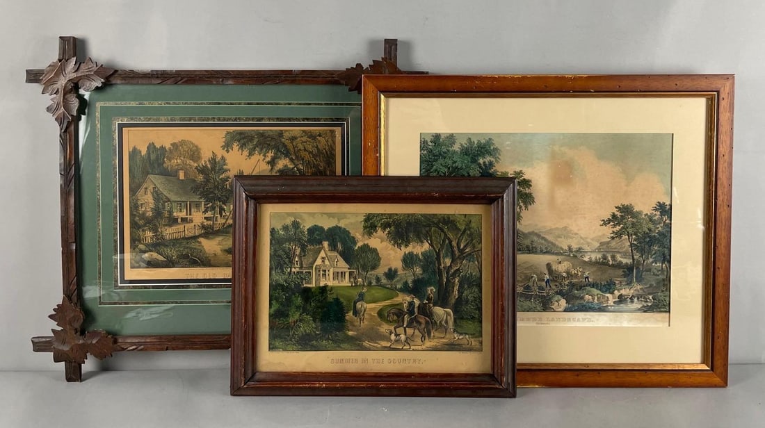Group of 3 Antique Currier and Ives Homestead Lithographs: Largest frame measures 21" x 24"