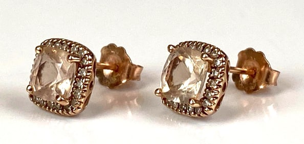 Pair of Signed EMA 14K Rose Gold Quartz Stud Earrings