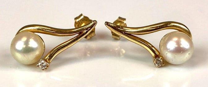 Pair of 14K Yellow Gold Pearl and Diamond Earrings