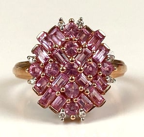 14K Rose Gold Pink Topaz Diamond Cluster Ring
