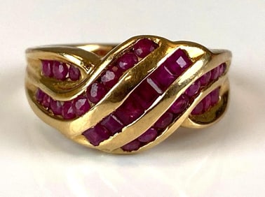 Signed MEDA 14K Yellow Gold Ruby Braided Ring