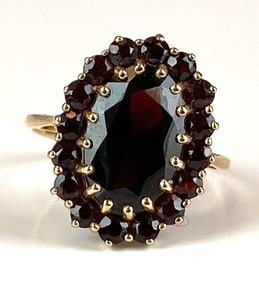Signed PDN 10K Yellow Gold Garnet Halo Cocktail Ring