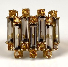 Signed 10K Yellow Gold Smokey Quartz Citrine Ring