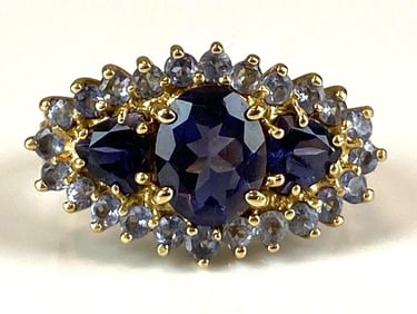 Signed MEI 10K Yellow Gold Amethyst Iolite Cluster Ring