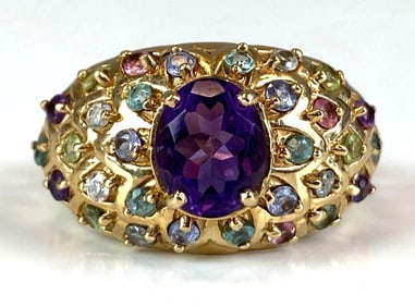 Signed STS 10k Yellow Gold Purple Spinel Multi-Gem Bombe Ring