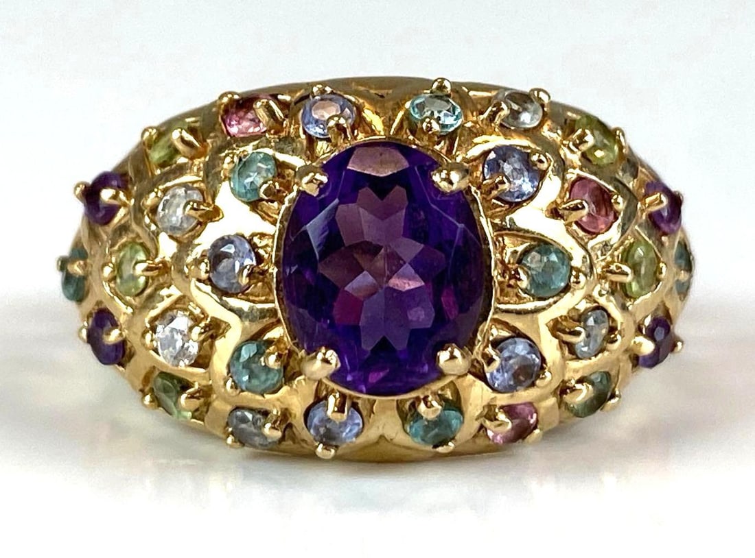Signed STS 10k Yellow Gold Purple Spinel Multi-Gem Bombe Ring (1 of 4)