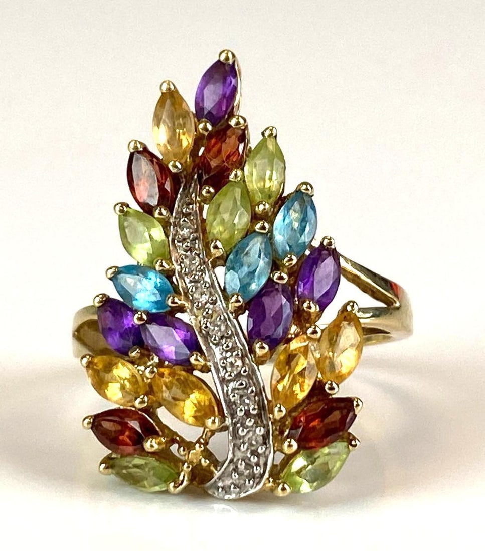 Signed HN 10K Diamond and Multi-Gem Feather Ring (1 of 4)