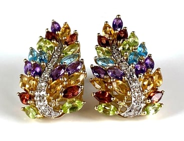 Pair of Signed HN 10K Yellow Gold Diamond Multi-Gem Feather Earrings