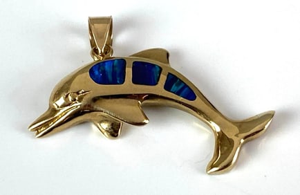 Signed 10K Yellow Gold Inlay Dolphin Pendant