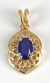 Signed 10K Yellow Gold Sapphire Pendant