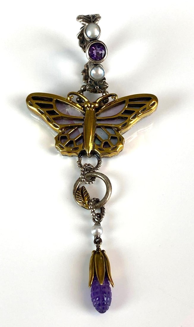 Echo of The Dreamer Sterling Silver MOP Amethyst Dangle Pendant: features mother of Pearl, amethyst and Pearl, made in China, measures 3 1/2” H x 1 1/2” W