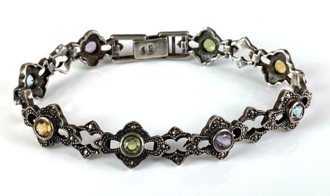 Signed MC Sterling Silver Multi Gem Bracelet