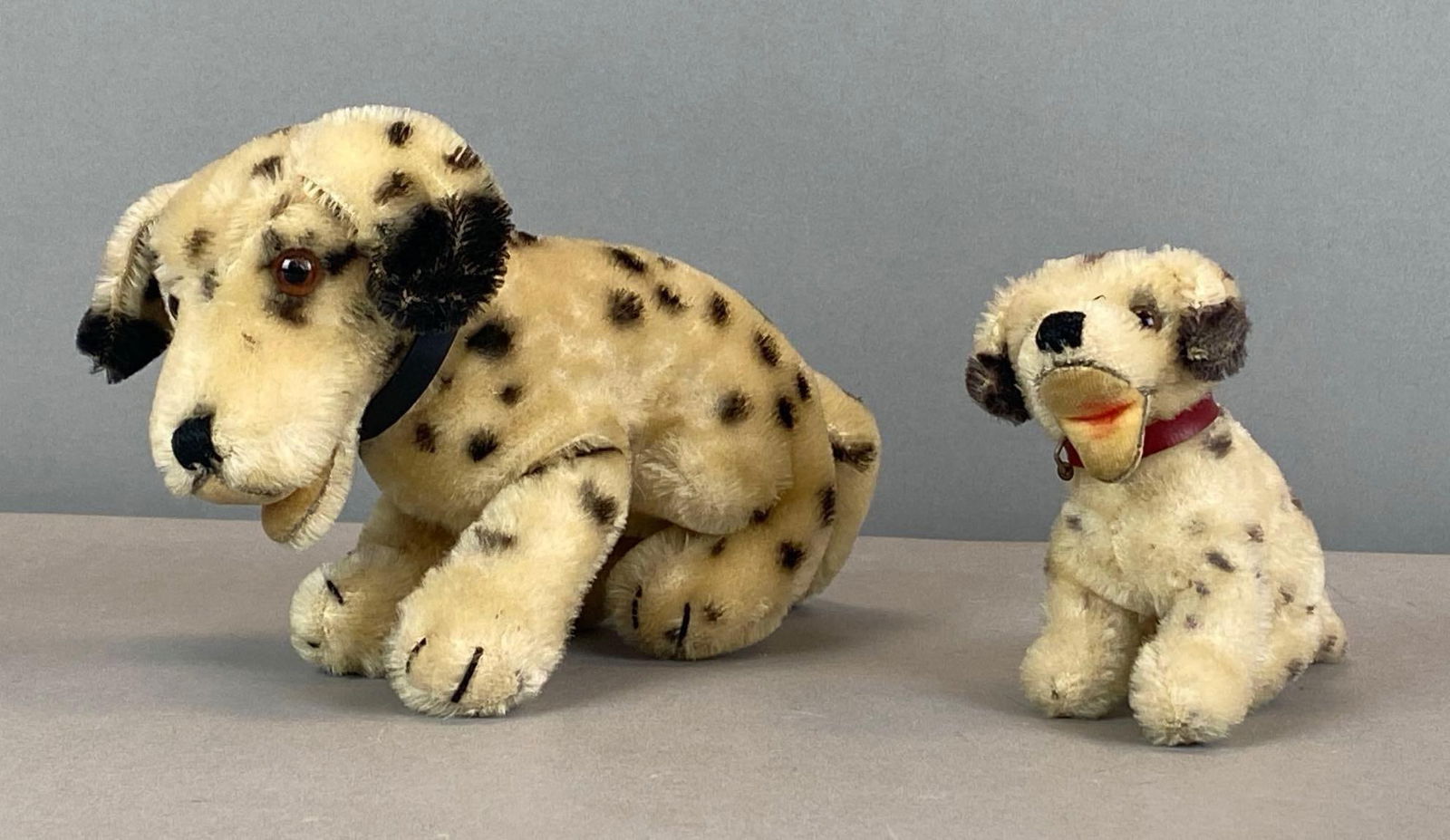Group of 2 Vintage Steiff Dalmatian Dog Toys: Missing original tags, largest measures 5” H x 4 1/2” W x 8” D
