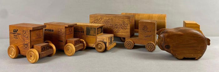 Group of 6 Handmade Wooden Trucks/Trailer Coin Banks and More