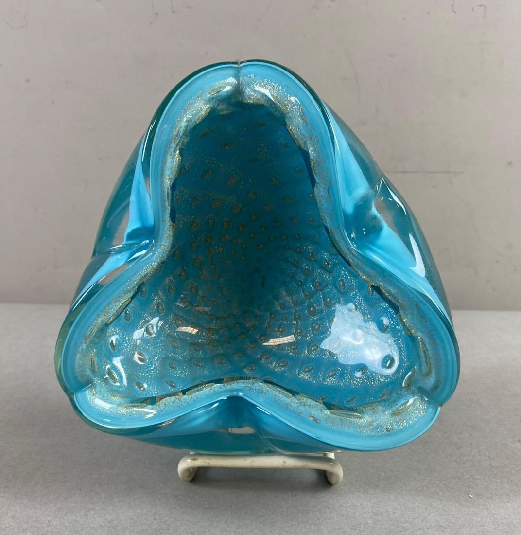 Vintage Murano Glass Bowl Ash Tray: Blue, White, and Gold Color Design. Measures L 7 x W 7 inches. Made in Italy.