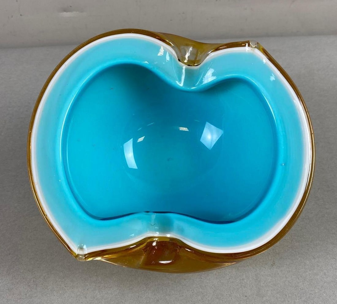 Vintage Murano Glass Bowl Ash Tray: Gold, Blue, and White Color Design. Measures L 6 1/2 x W 6 inches. Made in Italy.