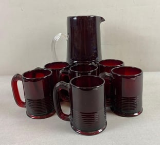 Vintage Cambridge Glass Tally Ho Pitcher and 6 Mugs