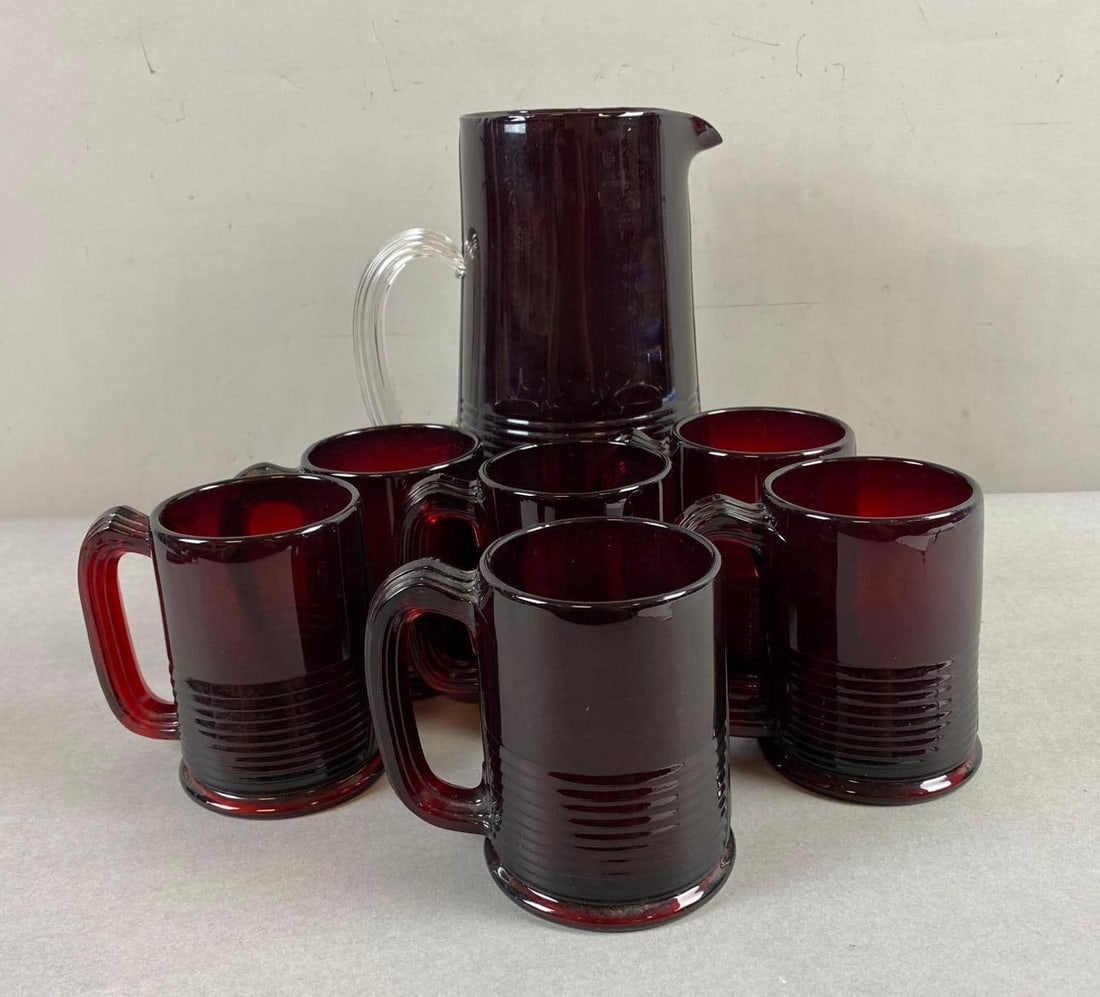 Vintage Cambridge Glass Tally Ho Pitcher and 6 Mugs (1 of 2)