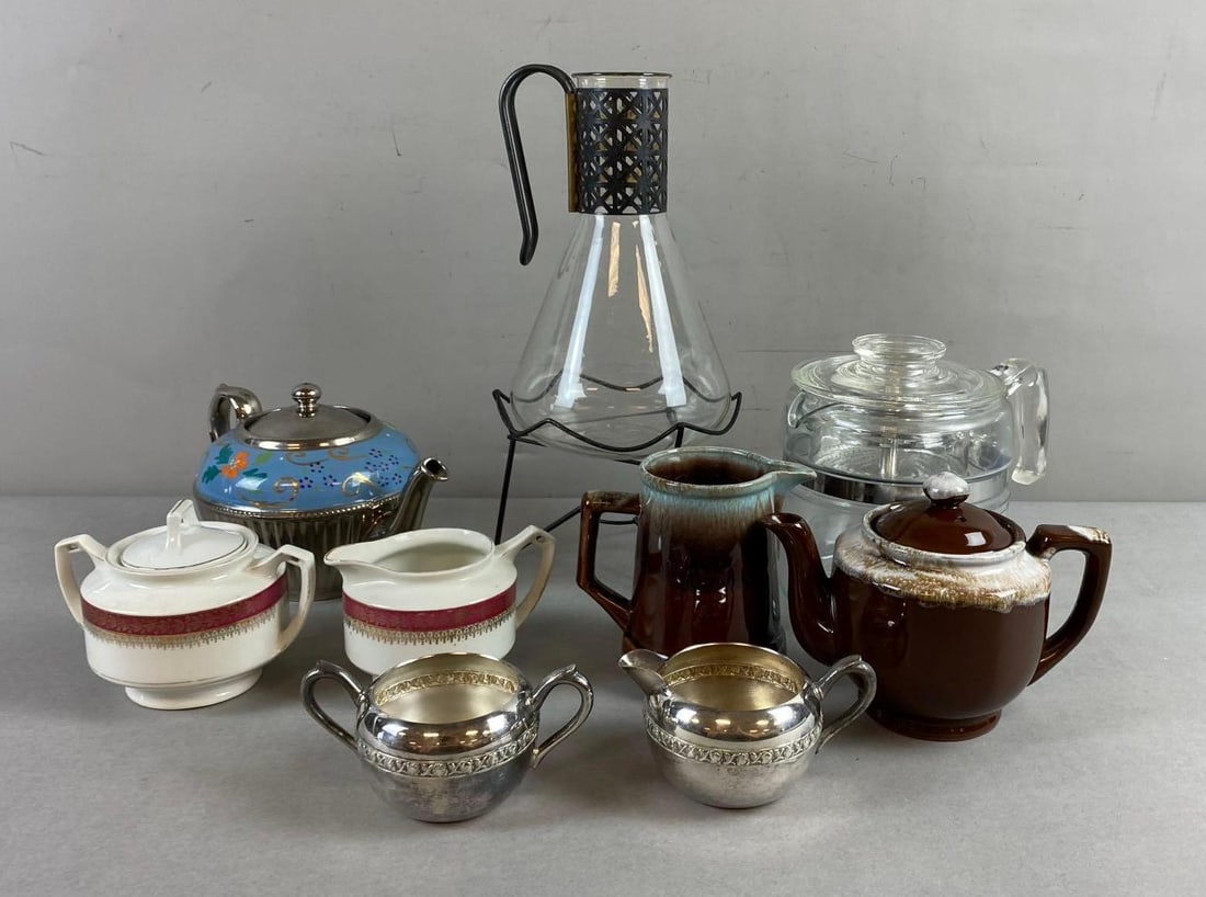 Group of 9 Assorted Drinking Set and More: Includes Gibson England Tea Kettle, Glass Beaker with stand, and more. Largest item measures 9 1/2 inches tall.