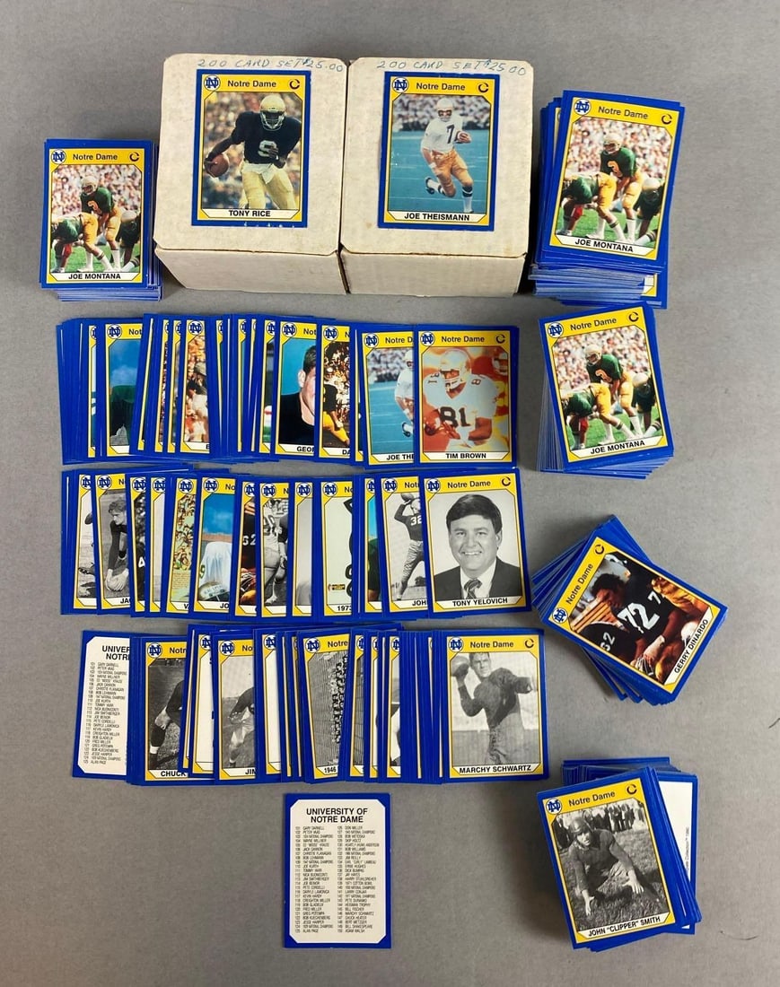Group of Assorted 1990 University of Notre Dame Football Trading Cards: Includes Joe Montana, Frank Leahy, and more. Box measures H 3 x W 4 x L 4 1/2 inches.