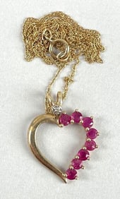 10k Gold Heart Diamond and Ruby Pendant and Chain