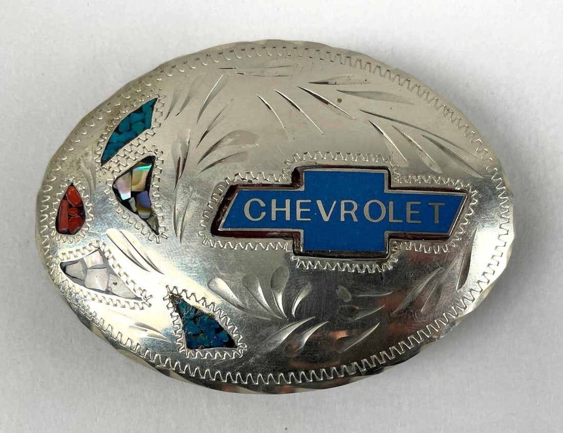 C and L Inlaid Chevrolet Belt Buckle: Coral and turquoise, measures 2 1/2" x 3 1/2"