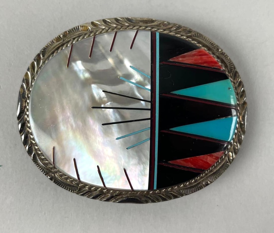 CW Sterling Silver Southwestern Inlaid Belt Buckle: Turquoise, coral, mother of pearl, measures 2" x 2 1/2"
