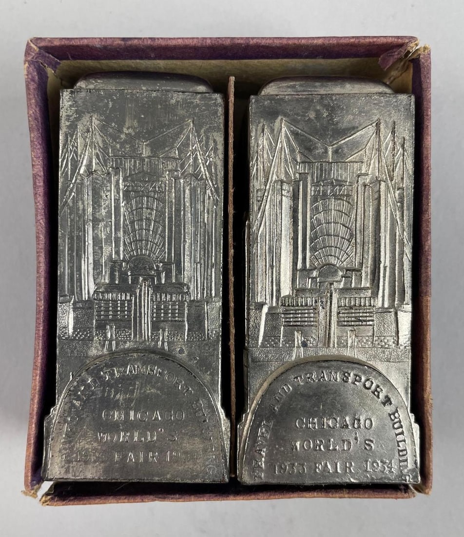 1934 Chicago World's Fair Silver Plated Salt and Pepper Shakers: N. Shore Co., likely original box, measures 3 1/4" tall