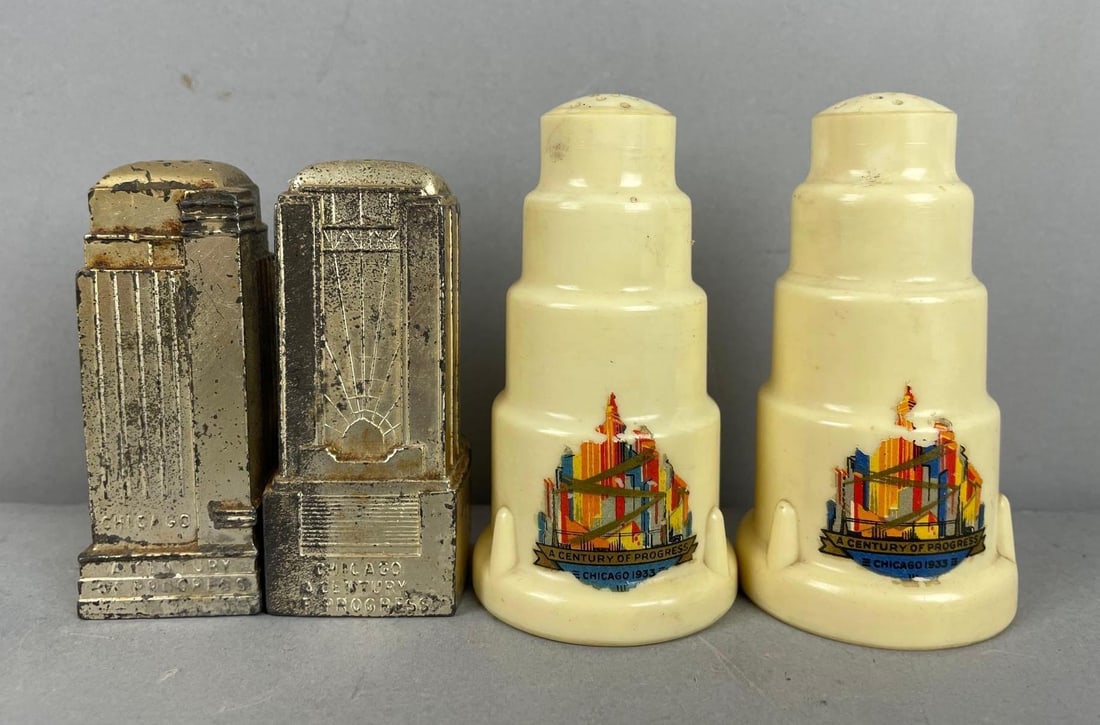 1933 Chicago World's Fair Salt and Pepper Shakers: Plastic set measures 3 1/2" x 2"