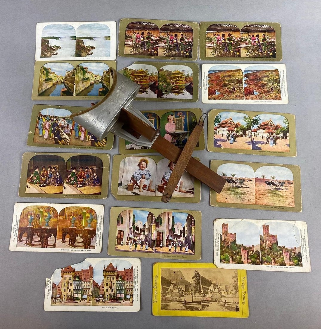 Group of 17 Around The World Stereoscope Cards and More: Sun Sculptor Steroscope mfg by Underwood & Underwood N.Y. Includes Around The World Slides of Japan, Egypt, and more. Largest item measures 12 1/2 in length.